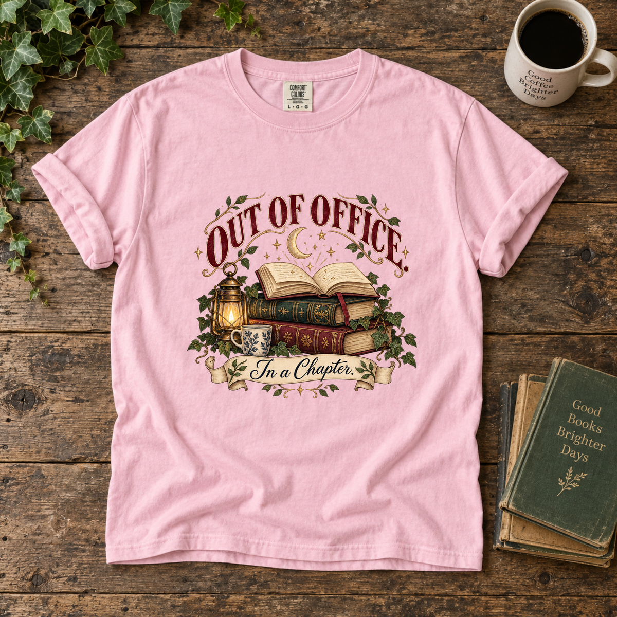 out of office. book stack. t-shirt