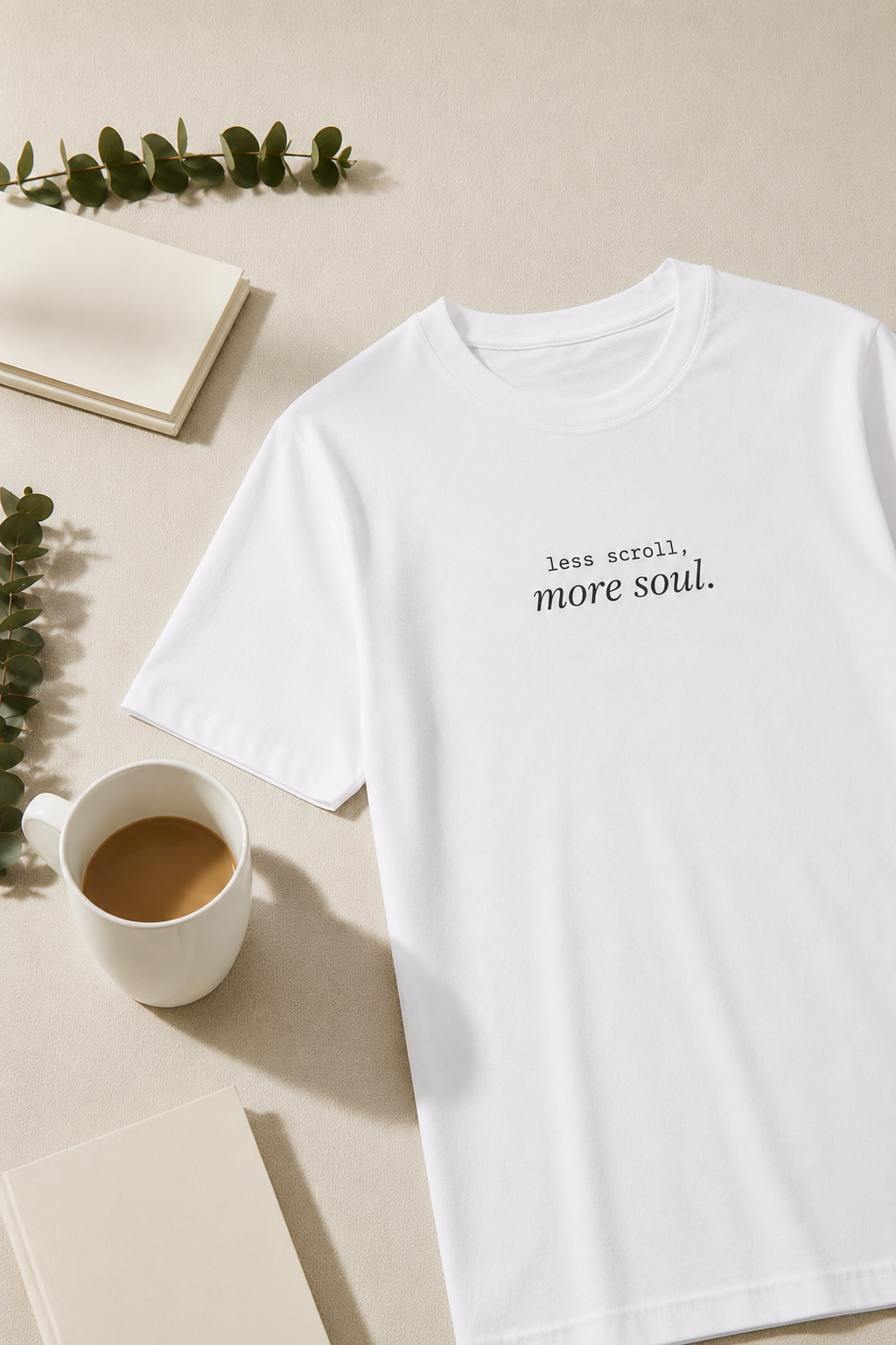 Less Scroll More Soul. T-Shirt | Minimalist Text | Regular Fit