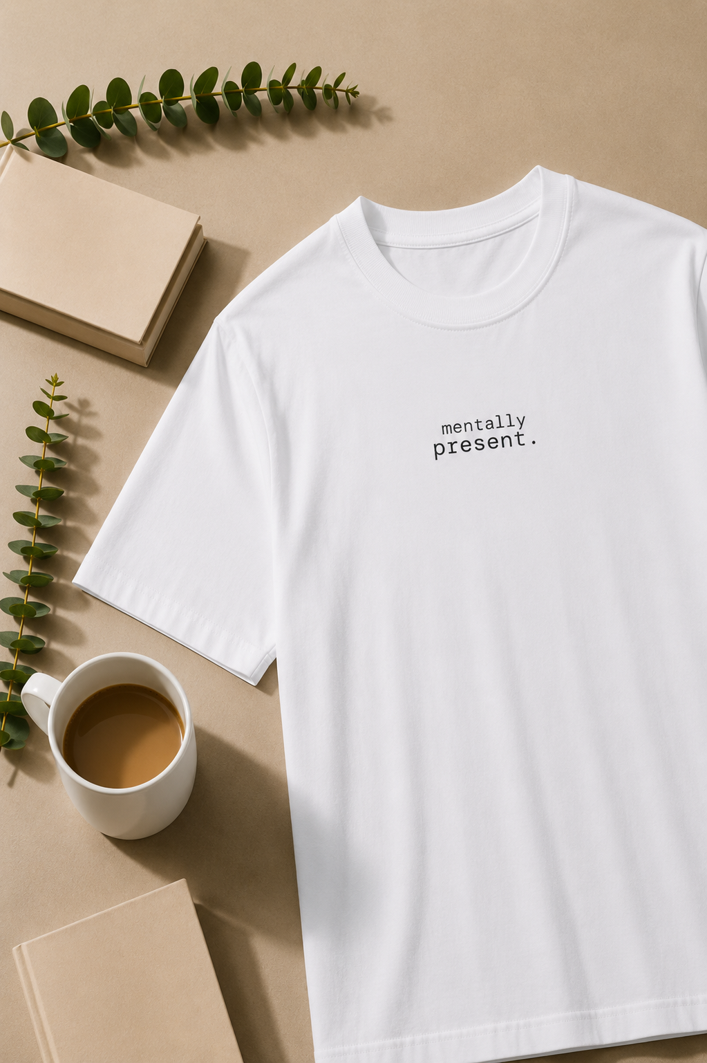 A white short-sleeve crewneck T-shirt with the text 'mentally present.' printed in black on the left chest, styled in a flat lay on a beige background with a coffee cup, books, and greenery.