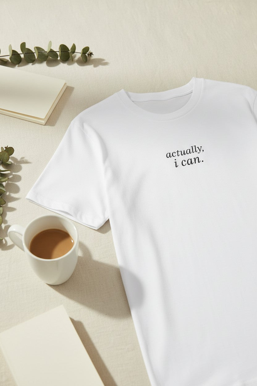A white short-sleeve crewneck T-shirt with the text 'actually, i can.' printed in black serif font on the left chest, styled in a flat lay with a coffee mug, books, and greenery on a light beige background.