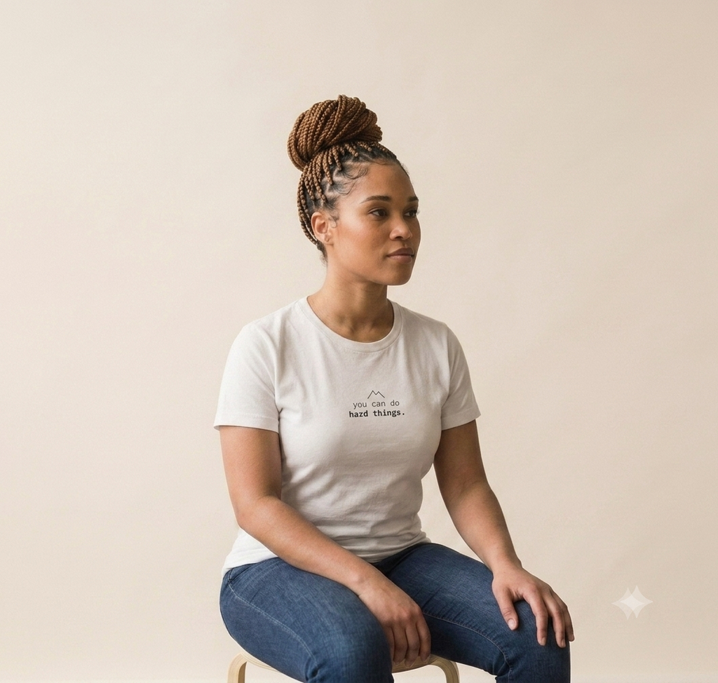 A woman with braided hair in a bun sits wearing a white crewneck t-shirt with a small black graphic on the chest that reads 'the hard things'. She is wearing blue jeans and sitting on a stool against a solid beige background.