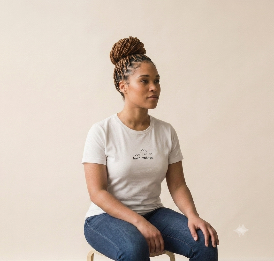 A woman with braided hair in a bun sits wearing a white crewneck t-shirt with a small black graphic on the chest that reads 'the hard things'. She is wearing blue jeans and sitting on a stool against a solid beige background.