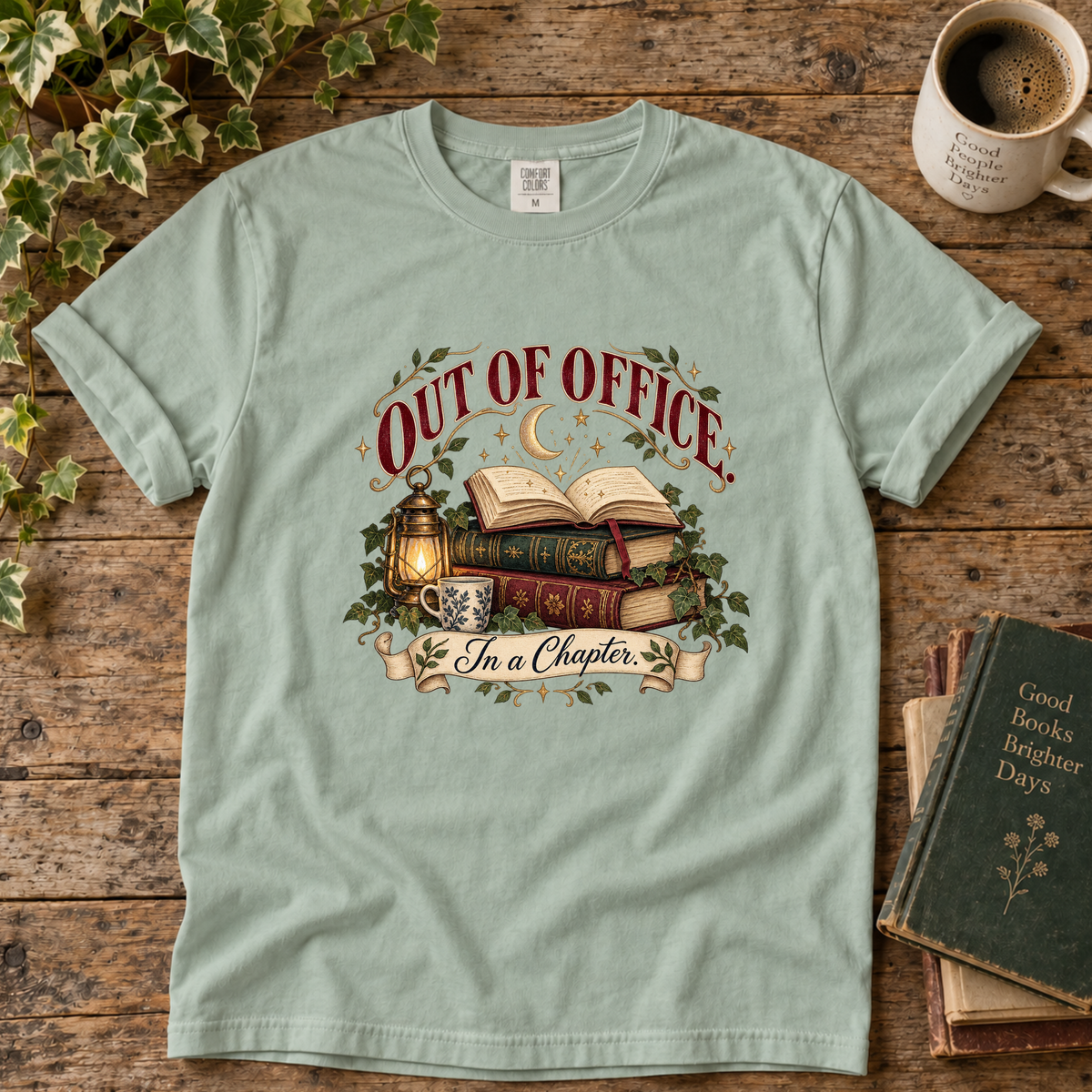 out of office. book stack. t-shirt