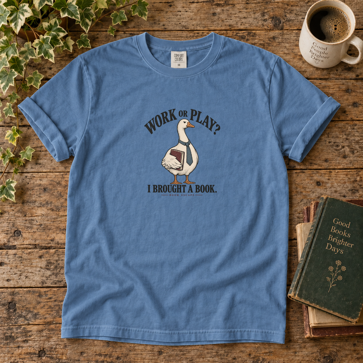 work or play? i brought a book. t-shirt