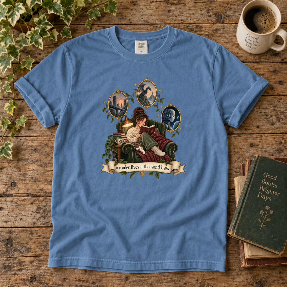 a reader lives a thousand lives. t-shirt
