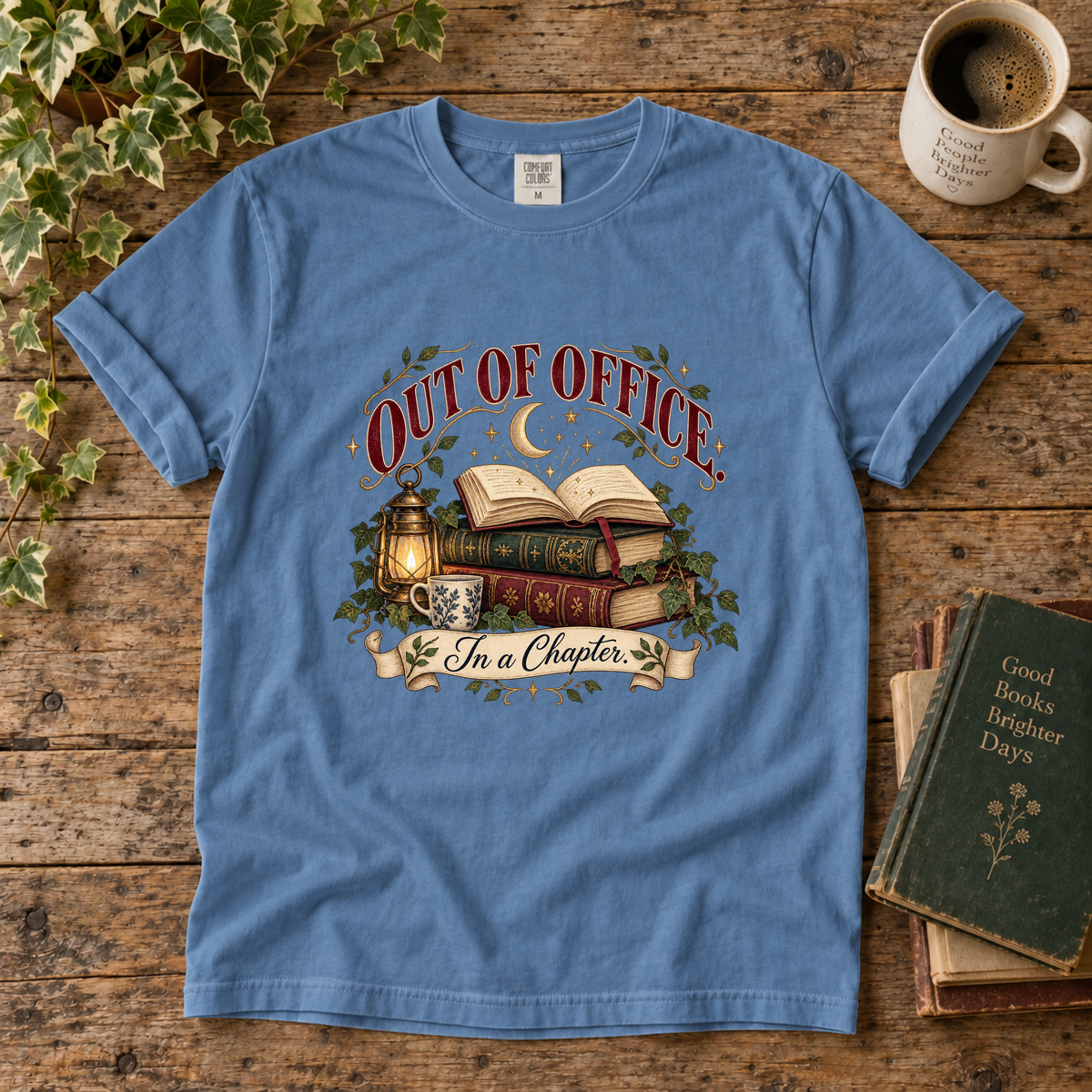 out of office. book stack. t-shirt