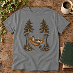 Cat reading in a hammock on Grey tee