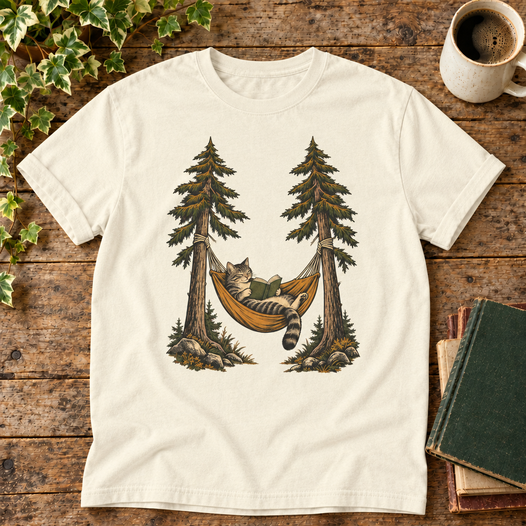 Cat reading in a hammock on Ivory tee