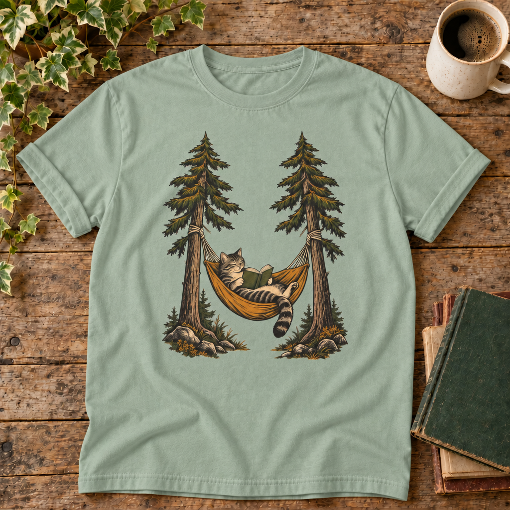 Cat reading in a hammock on muted sage Bay tee