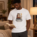 Dark-skinned man wearing the White Bedtime tee beside a sofa