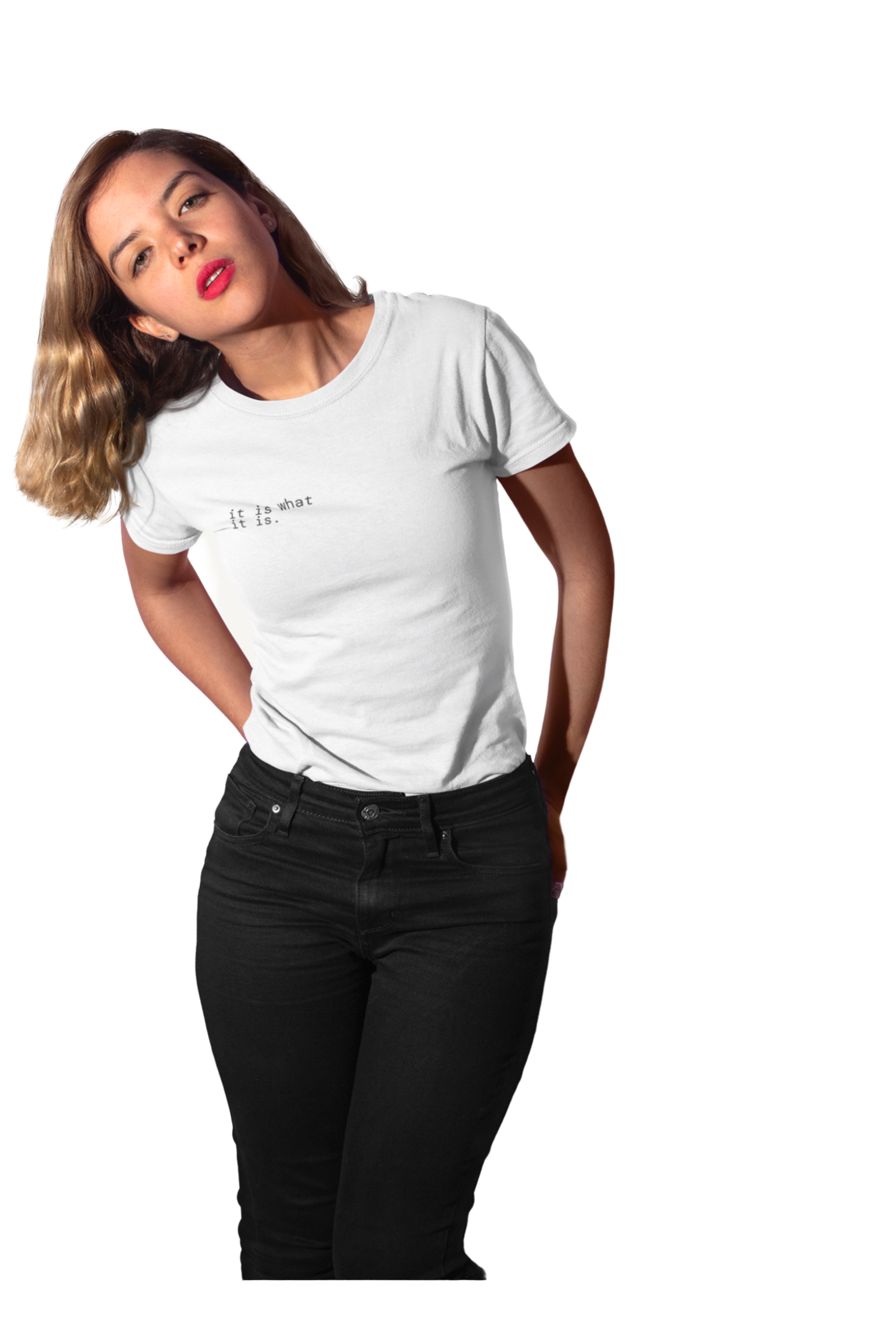 A woman posing in a white crewneck t-shirt with a small black graphic on the left chest, paired with black jeans, against a solid white background.