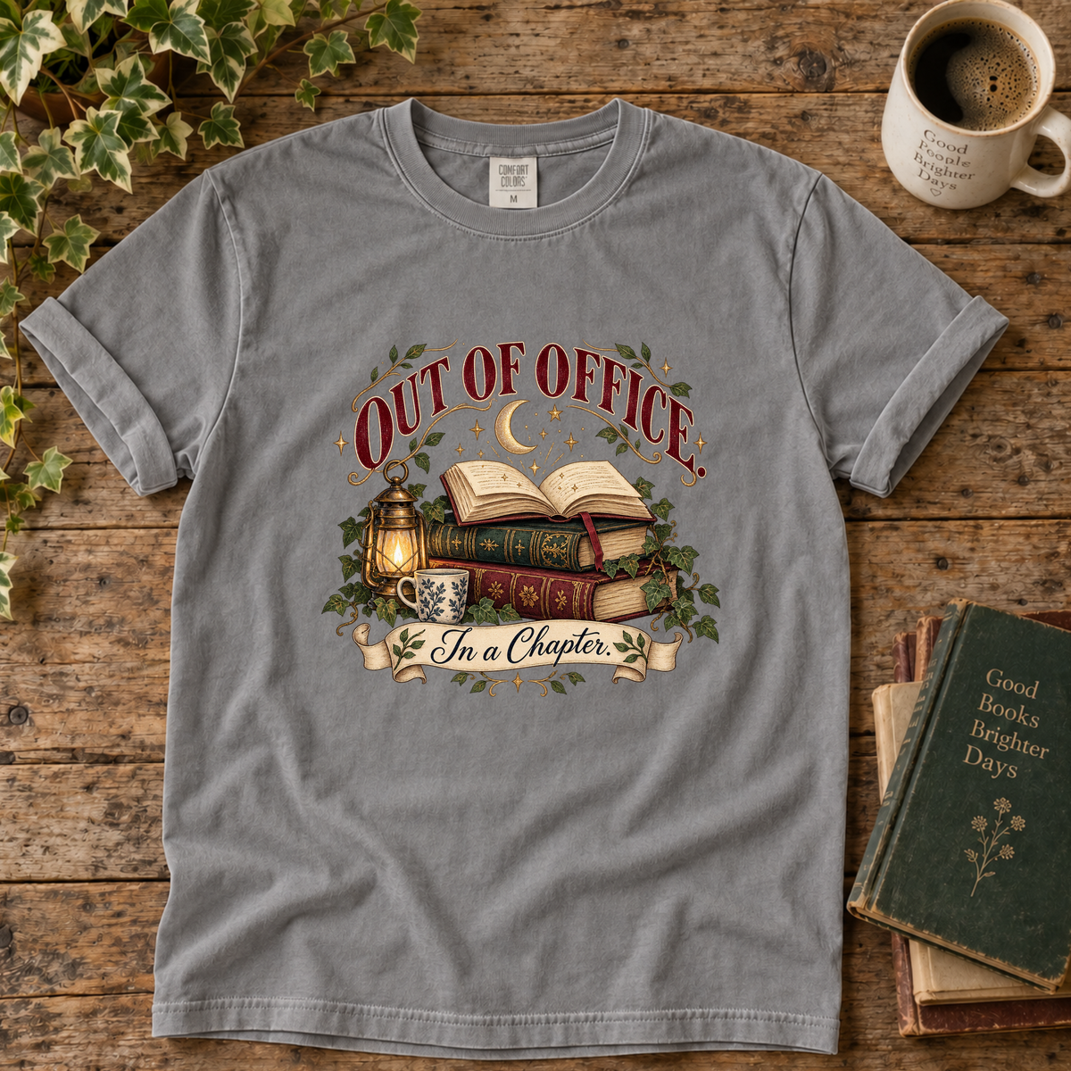 out of office. book stack. t-shirt