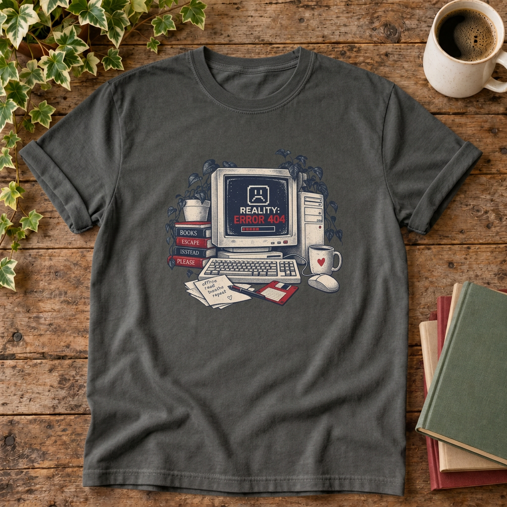 Reality error 404 t-shirt in Pepper, rustic flat lay