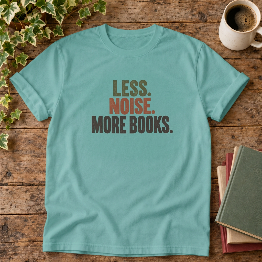 Less noise more books t-shirt in Seafoam, rustic wood flat lay