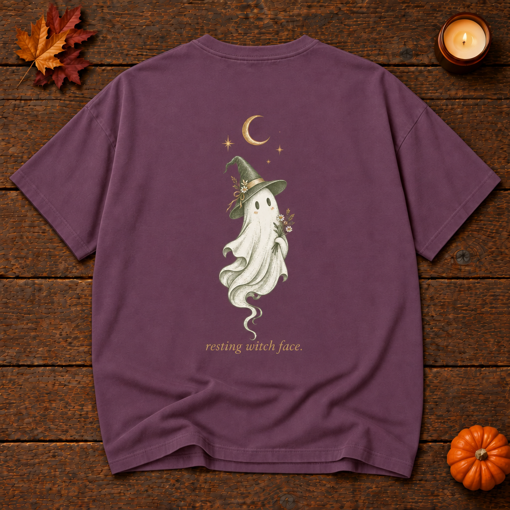 do not disturb. berry relaxed fit t-shirt back, resting witch face ghost print