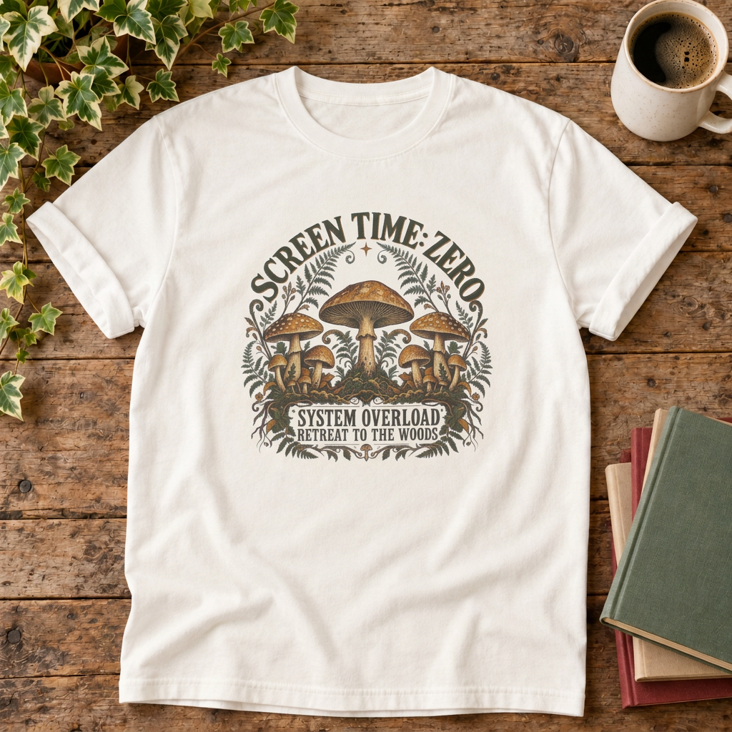 Screen time zero mushroom t-shirt in White, rustic flat lay