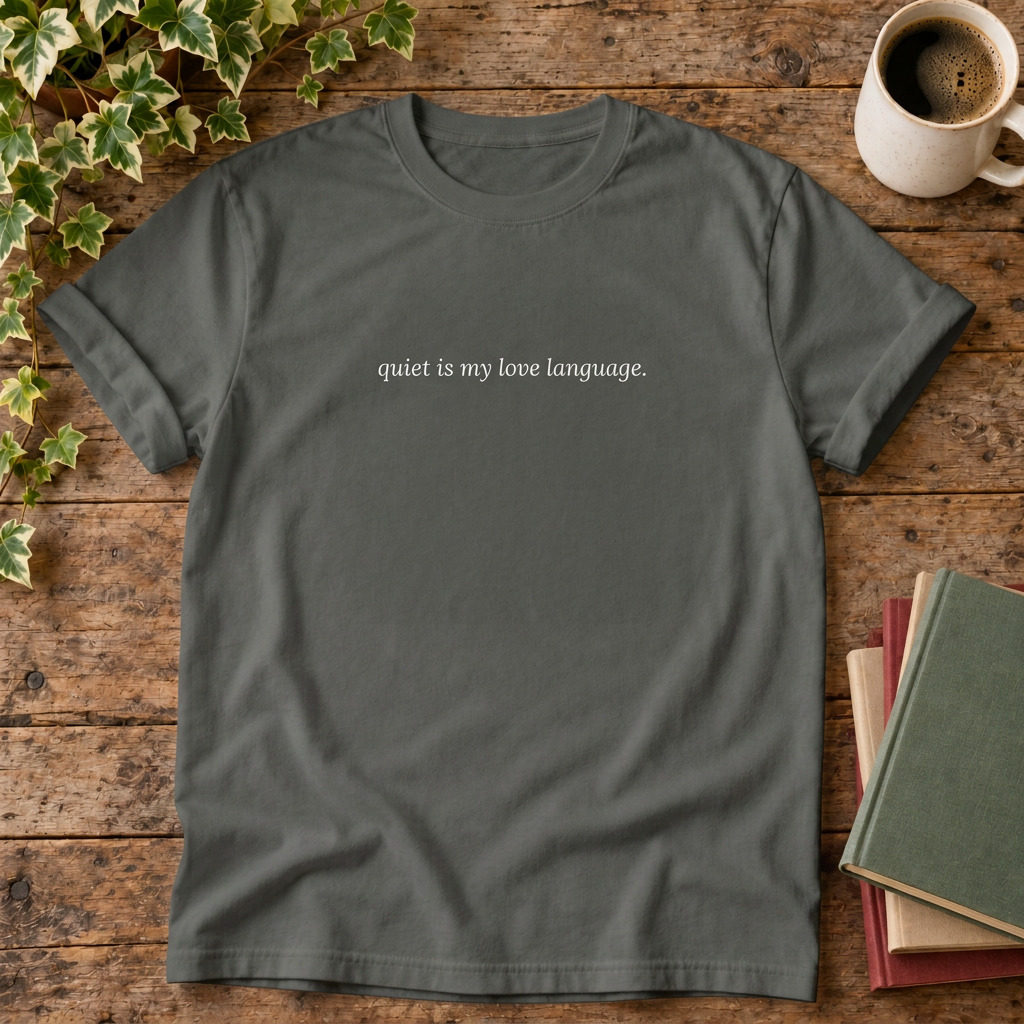 Pepper quiet is my love language t-shirt, stylised wood flat lay