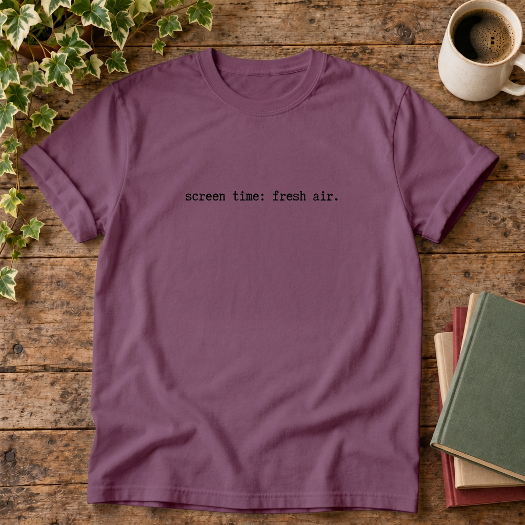 Berry screen time fresh air t-shirt, rustic wood flat lay
