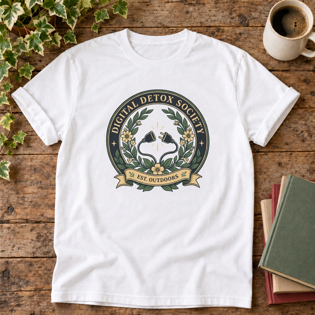 Digital detox society t-shirt in White, rustic flat lay