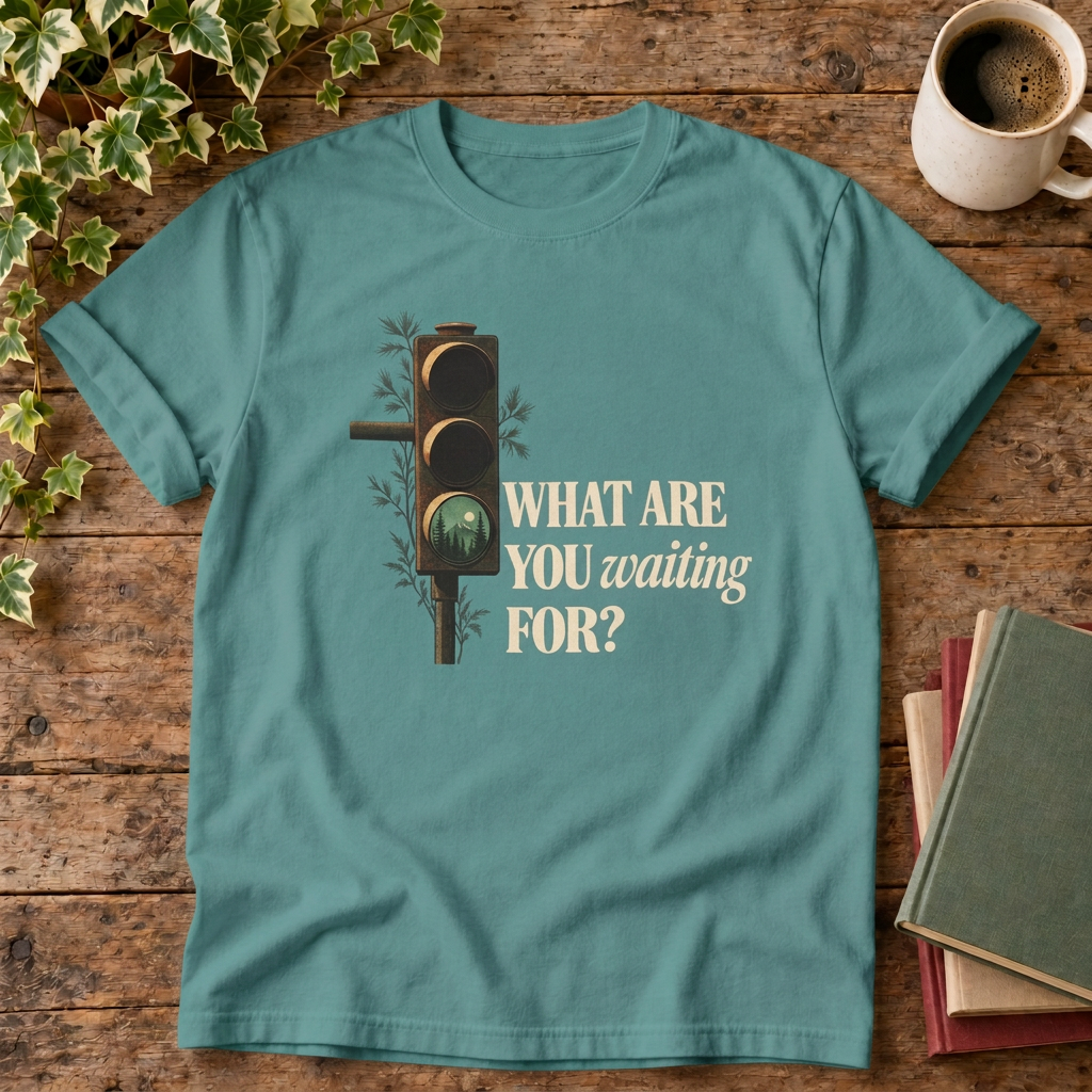 What Are You Waiting For? Seafoam T-shirt wood-and-books flat lay