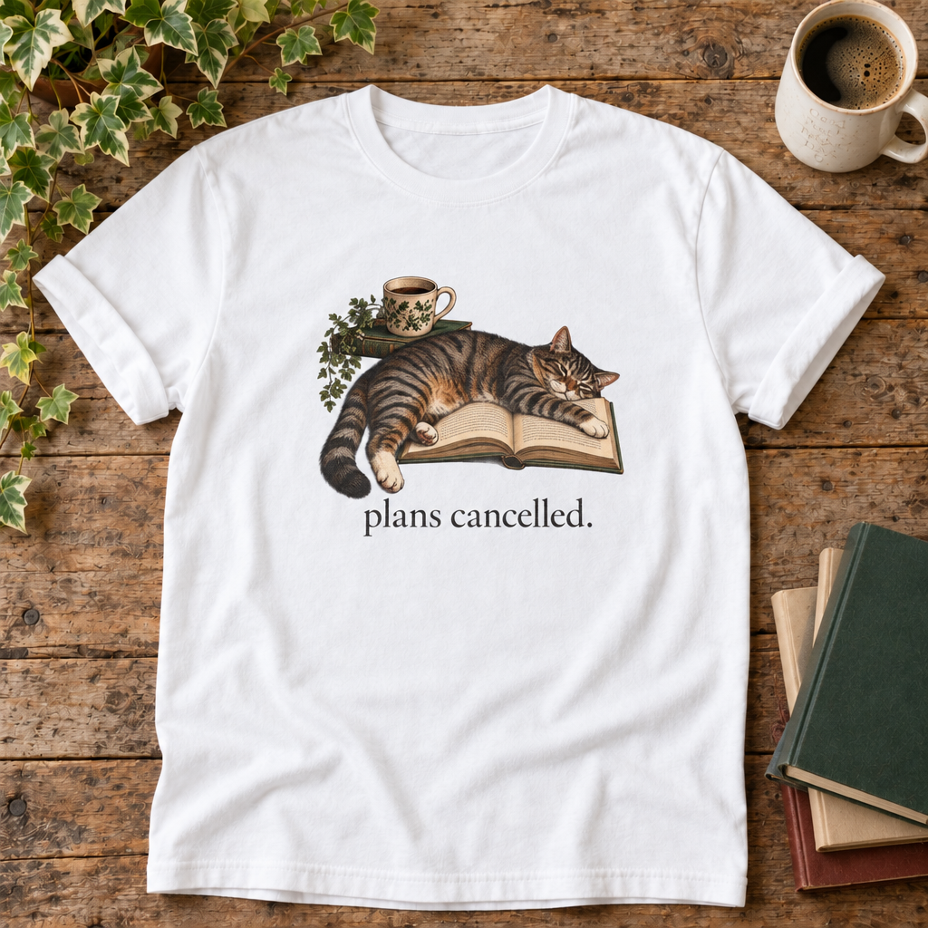 Plans cancelled. White cat and book t-shirt flat lay