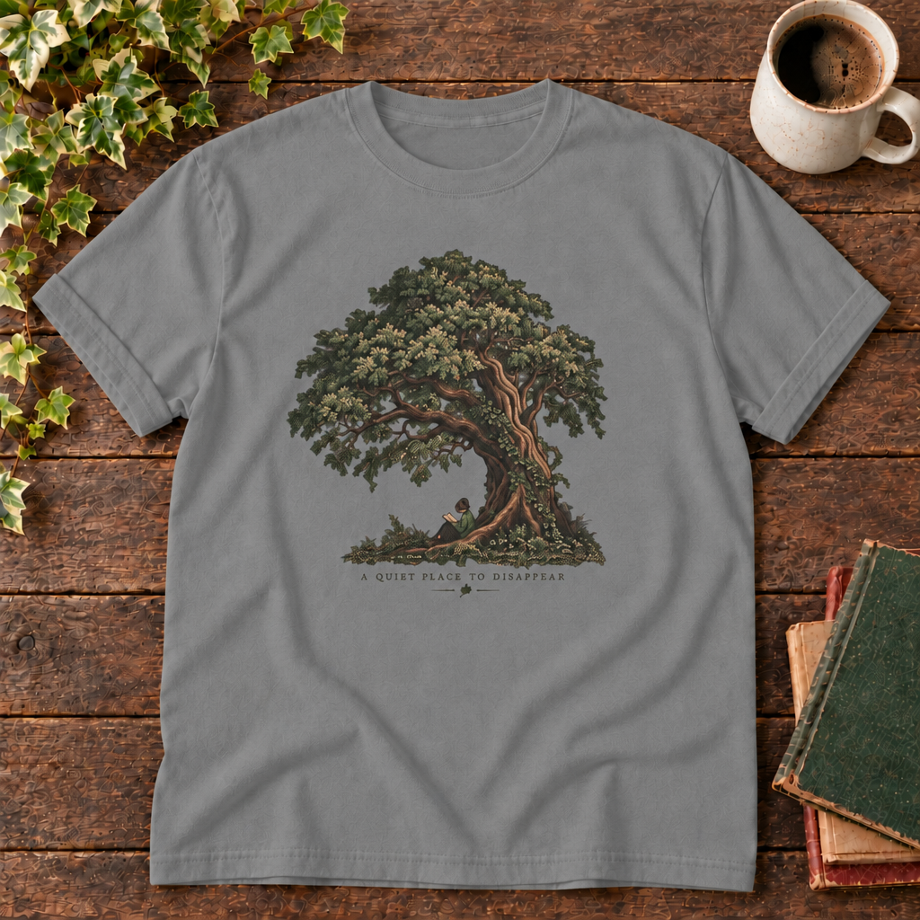 Grey tree of life tee with green red and tan book pile