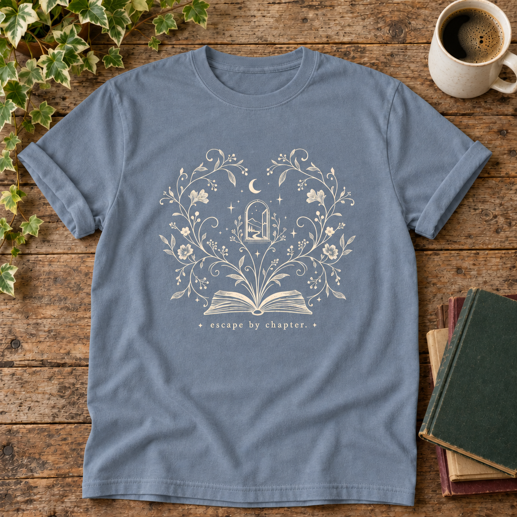 Escape by chapter Blue Jean t-shirt flat lay