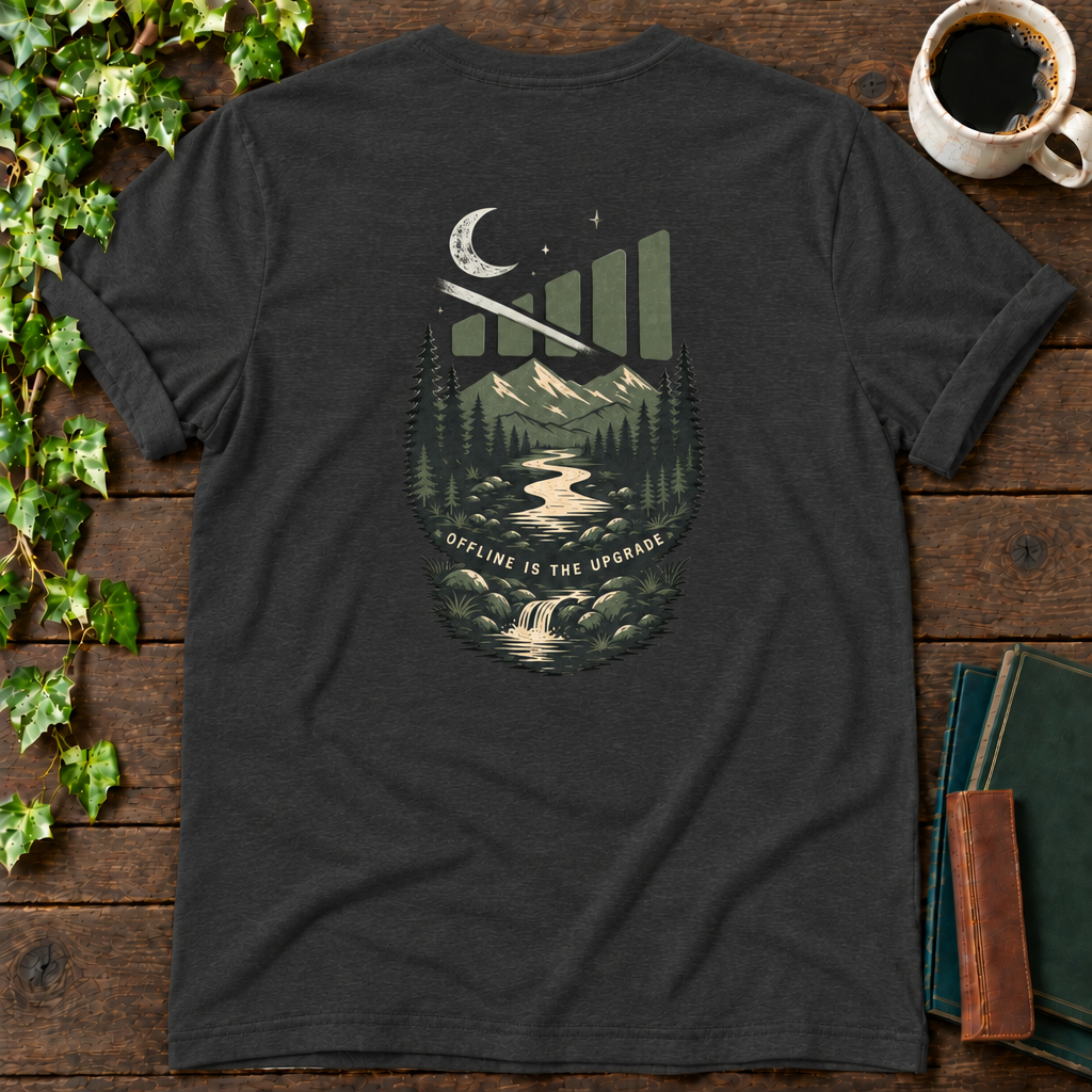 offline mode nature. dark grey heather t-shirt back print flat lay