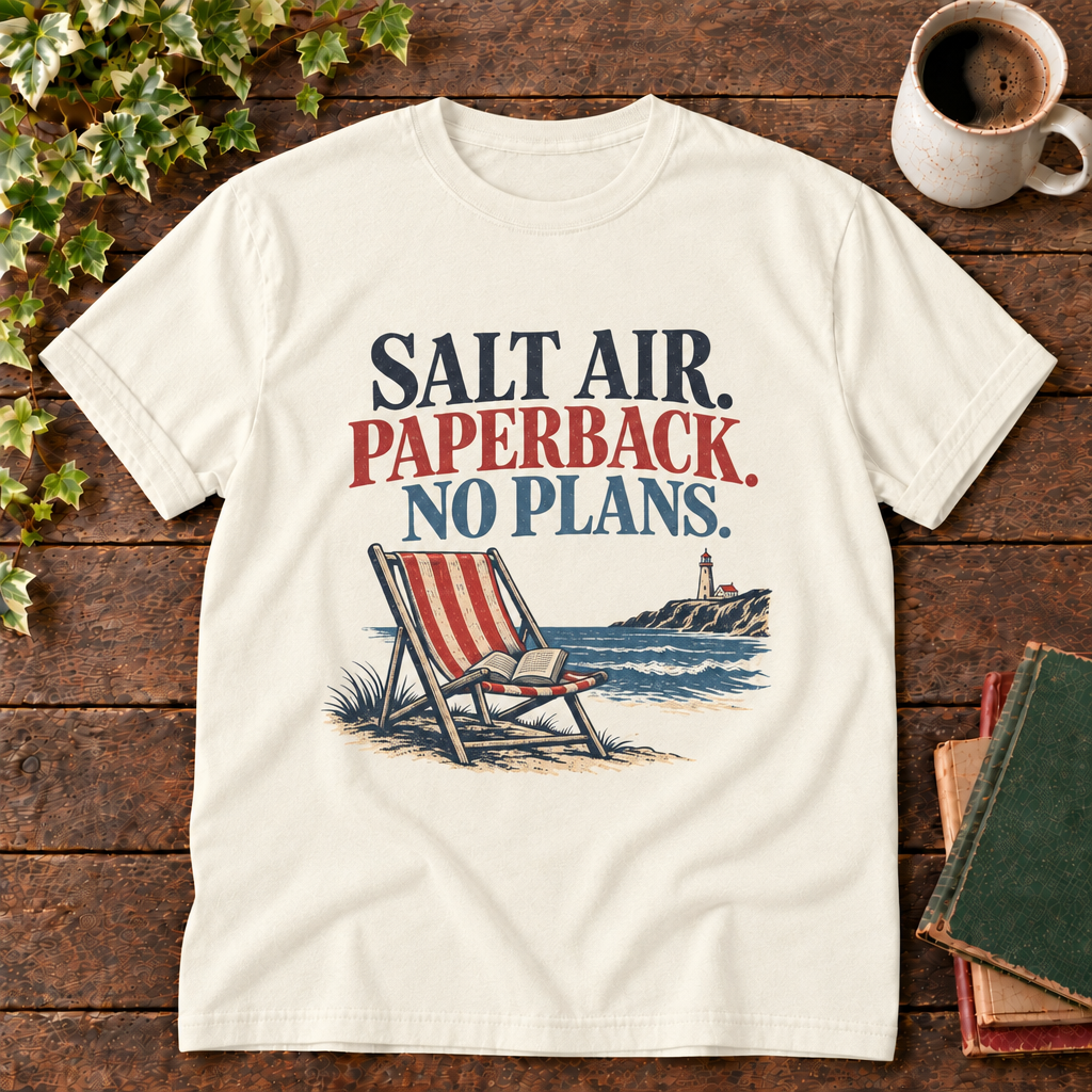 Ivory Salt Air Paperback No Plans tee with coastal print