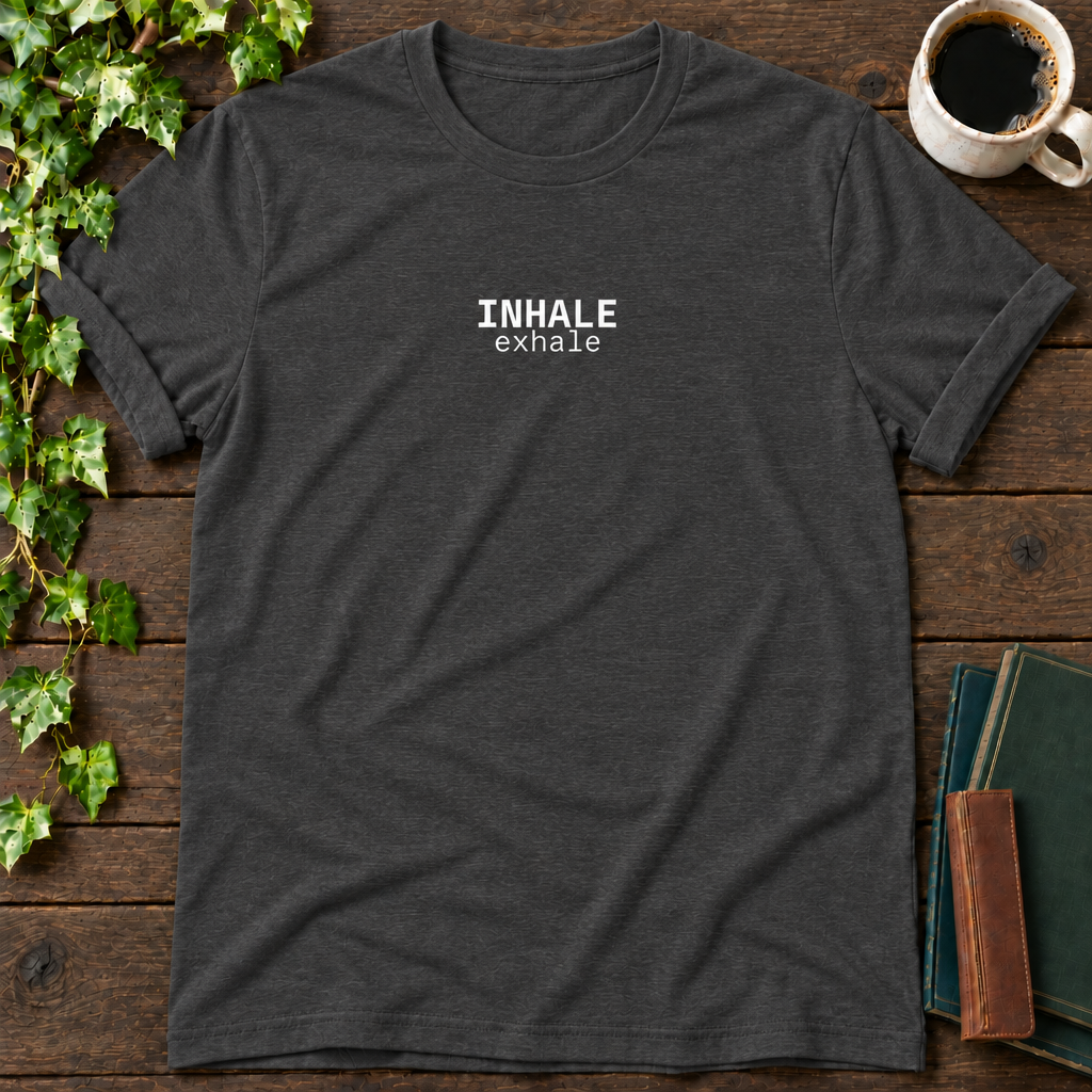 inhale. exhale. dark grey heather t-shirt flat lay