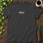 inhale. exhale. dark grey heather t-shirt flat lay