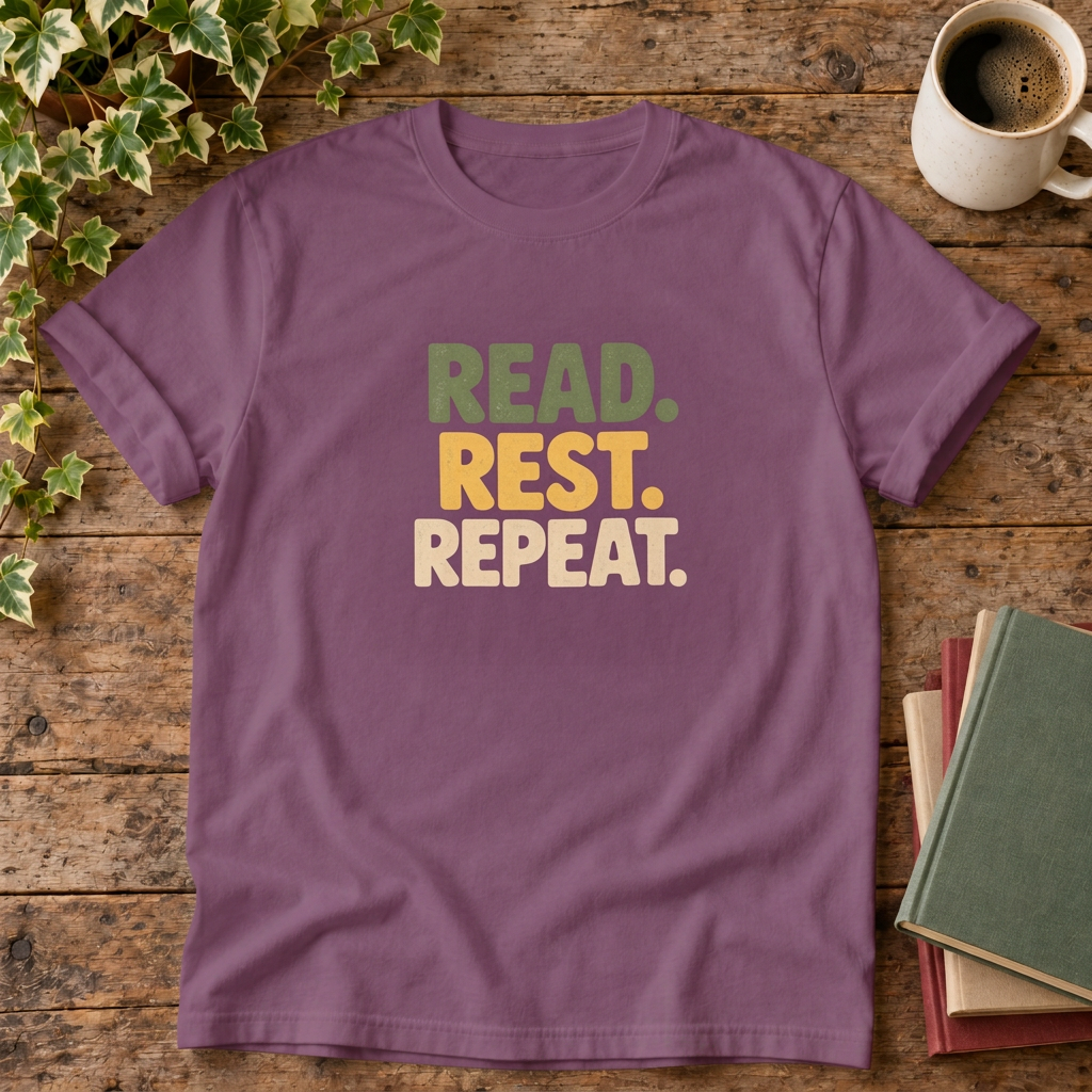Read rest repeat t-shirt in Berry, rustic wood flat lay