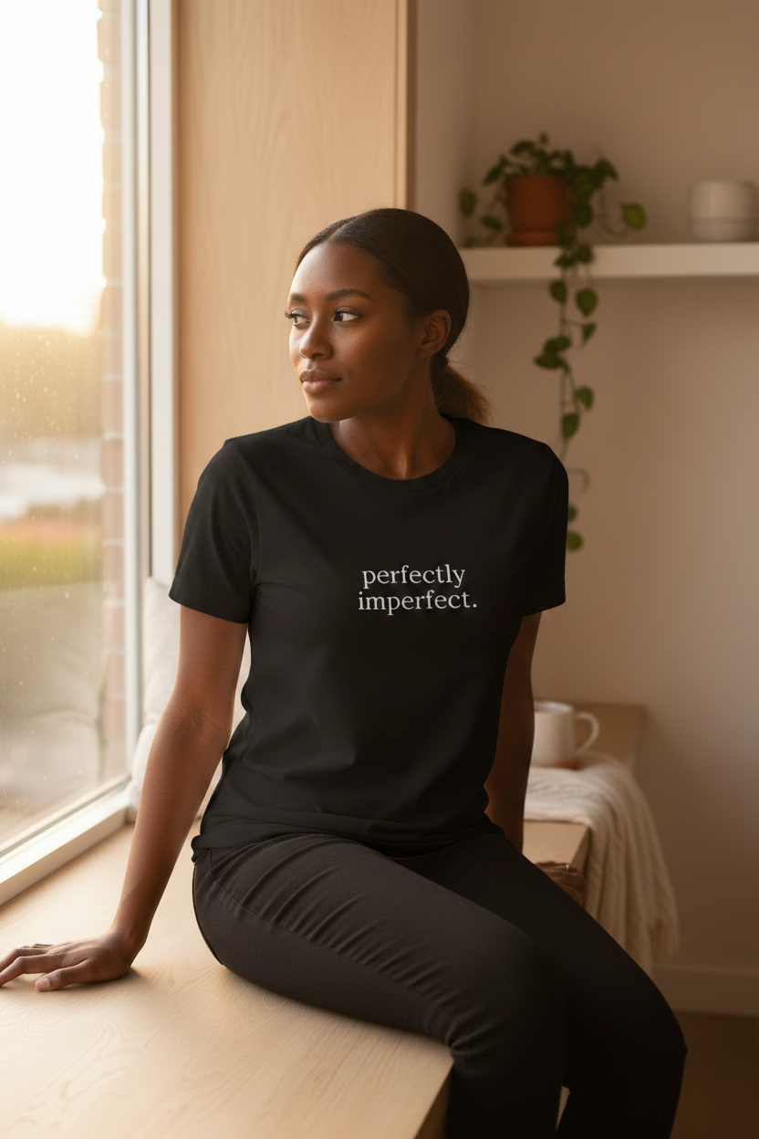 perfectly imperfect. black tee, dark-skinned woman at window seat, soft morning light