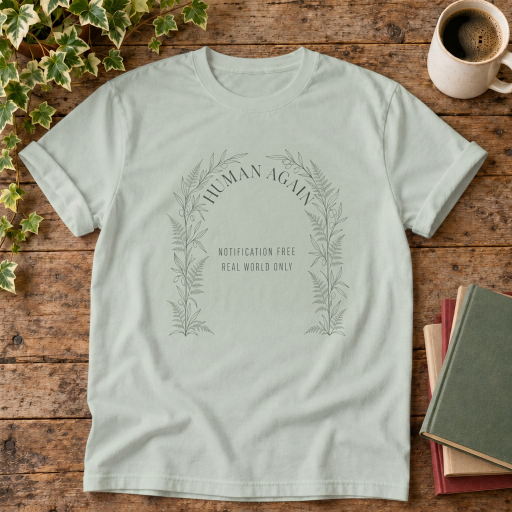 Human again t-shirt in Bay, rustic flat lay