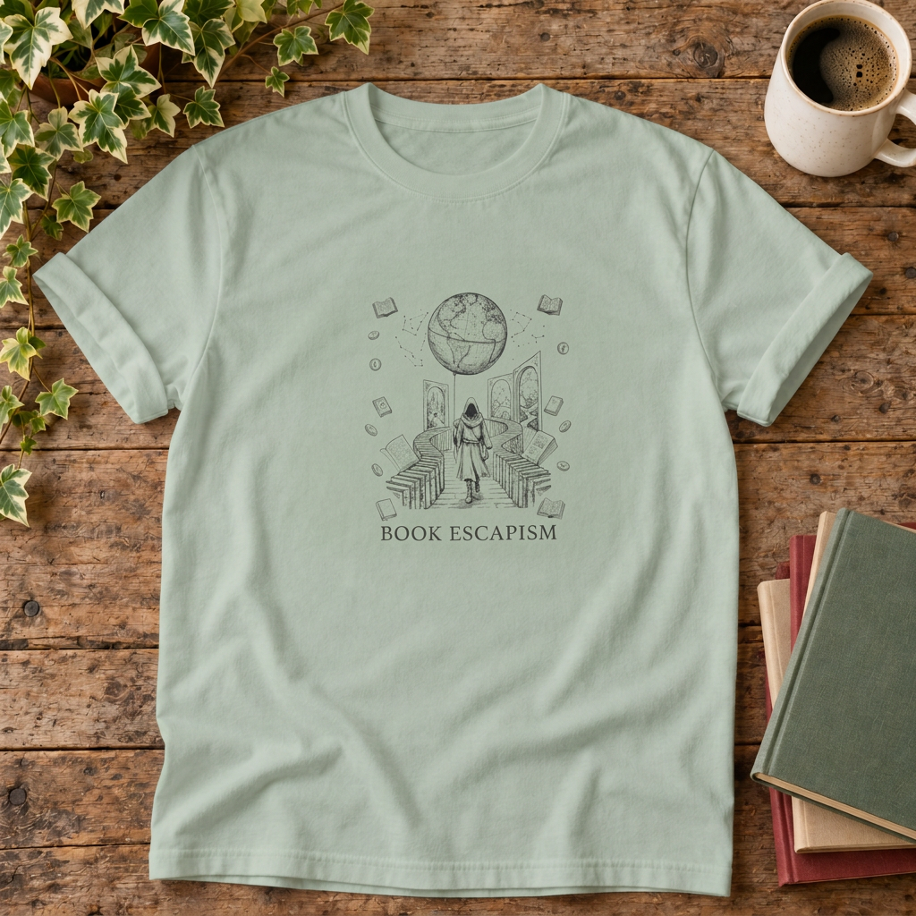 Book escapism reader t-shirt in Bay, rustic flat lay