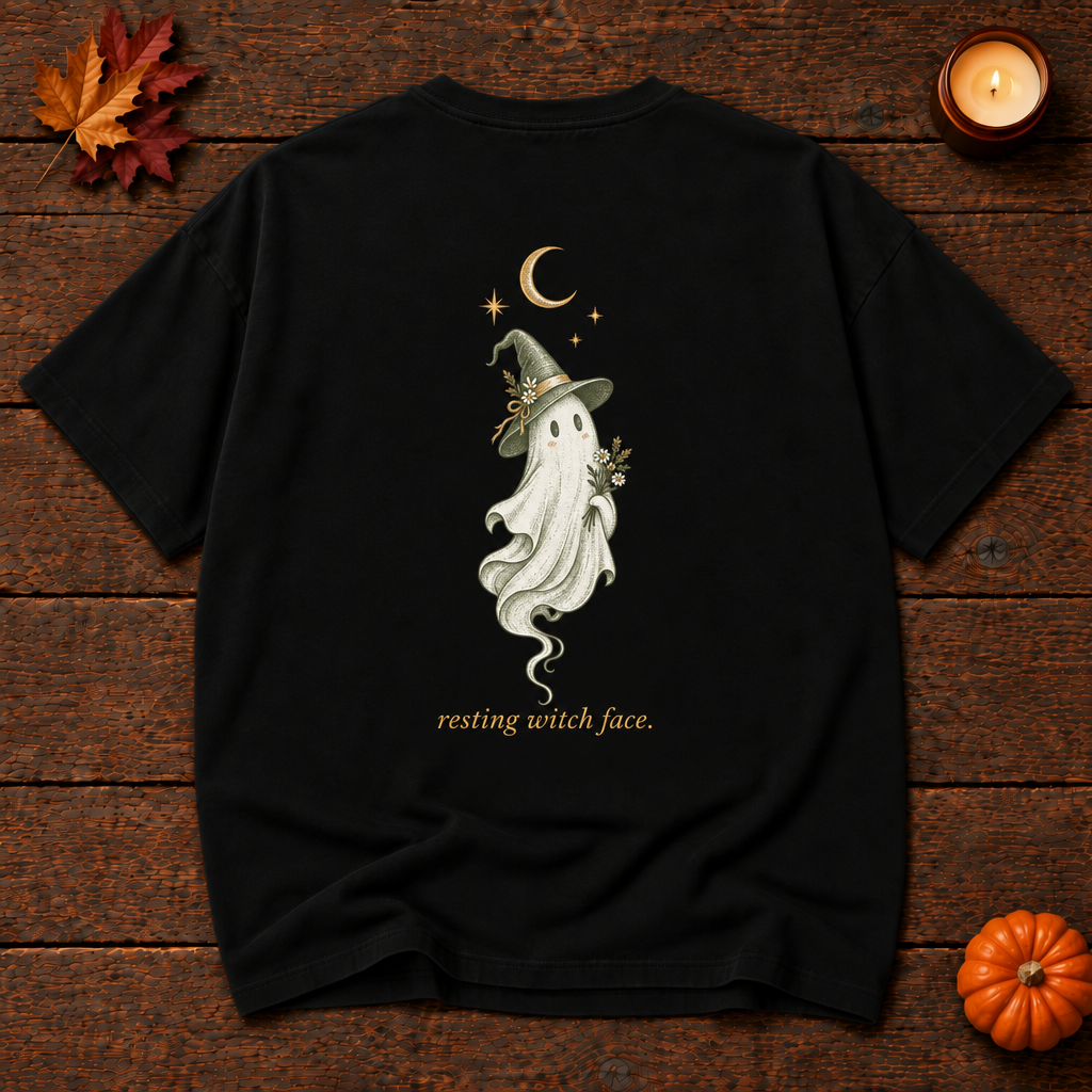 do not disturb. black relaxed fit t-shirt back, resting witch face ghost print