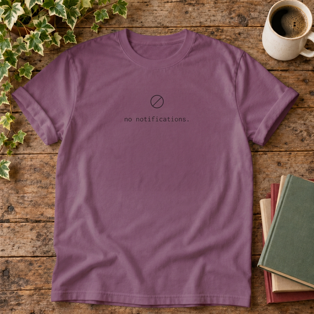 No notifications minimalist t-shirt in Berry, rustic flat lay