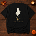brb. black relaxed fit t-shirt back ghost print, Halloween flat lay