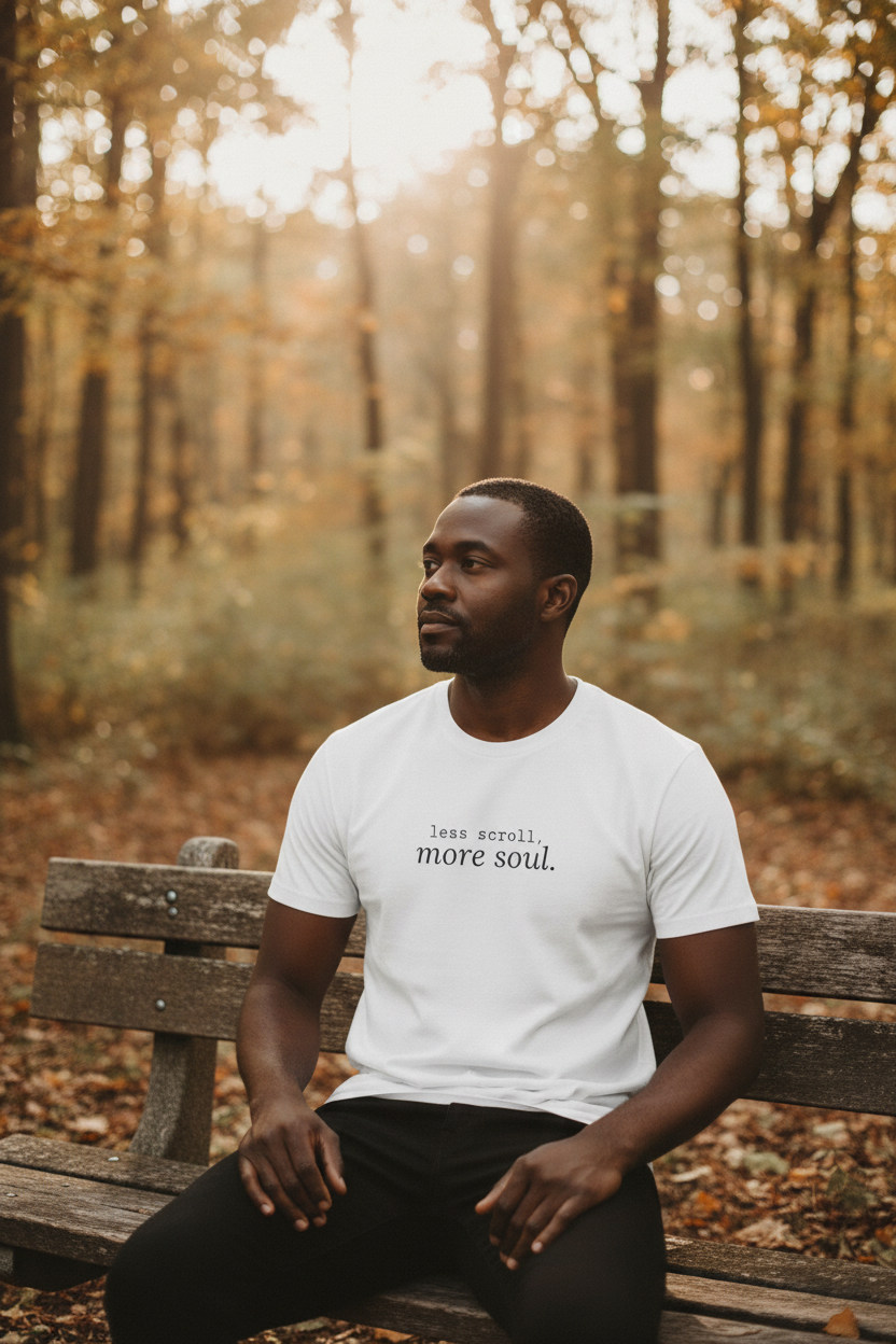 less scroll more soul. white tee, man in autumn forest
