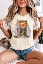 Blonde adult woman wearing Ivory no notifications doorway graphic t-shirt