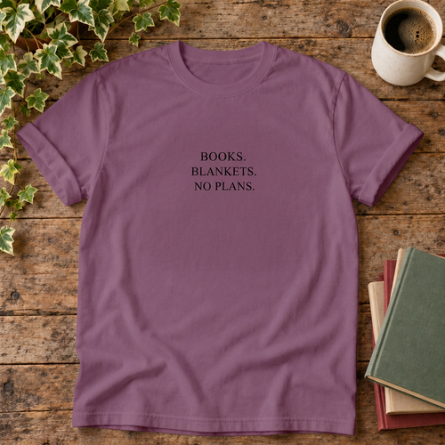 Books blankets no plans t-shirt in Berry, rustic wood flat lay