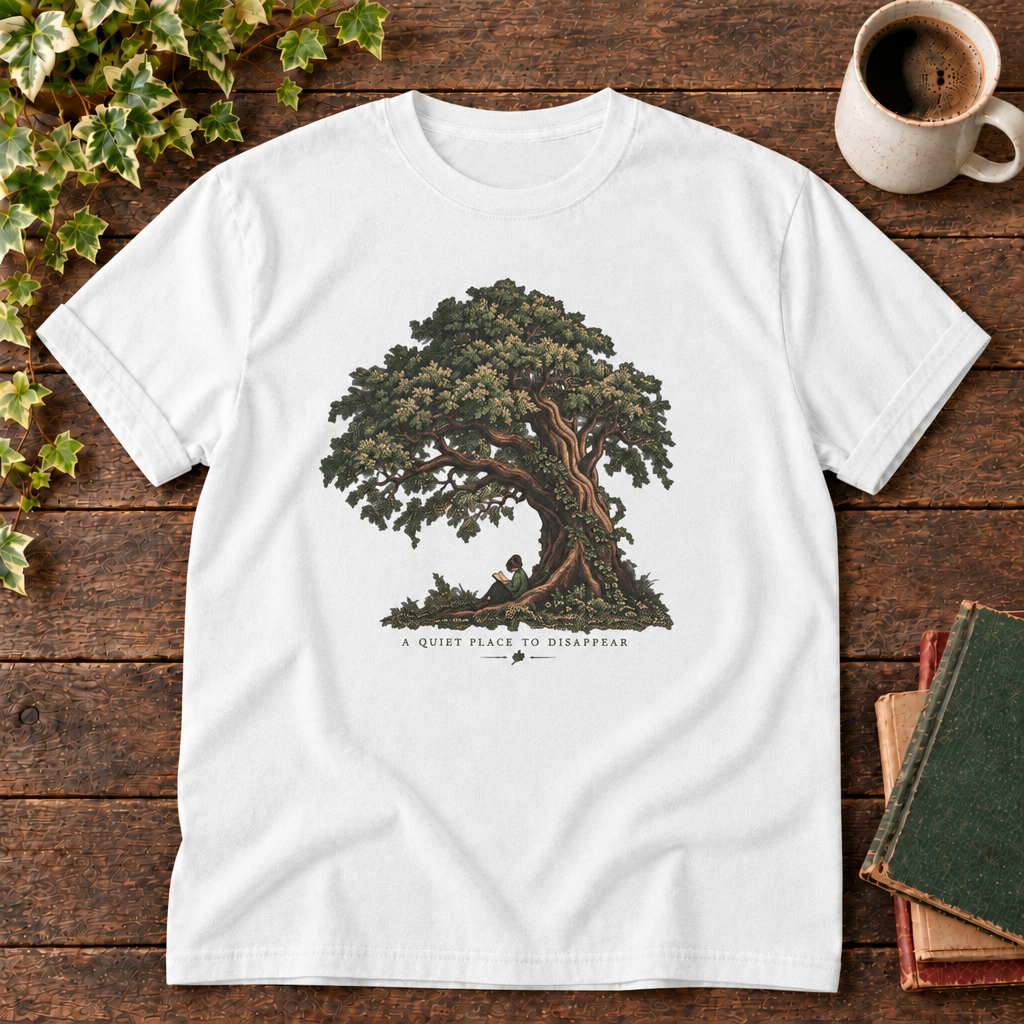 White tree of life tee with green red and tan book pile