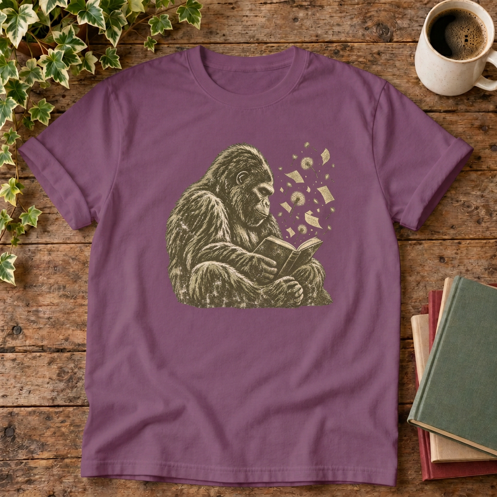 Gorilla Reading T-shirt in Berry, stylised flat lay