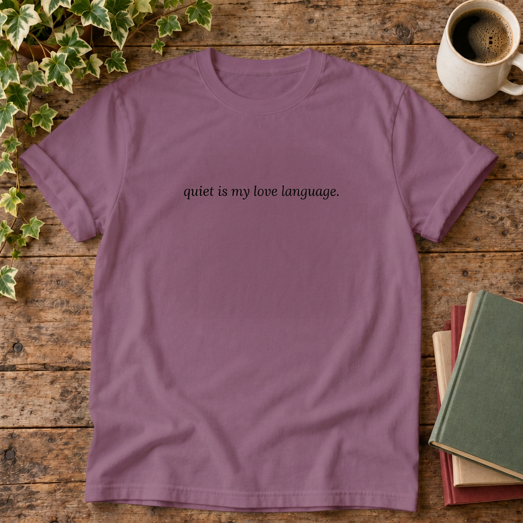 Berry quiet is my love language t-shirt, stylised wood flat lay