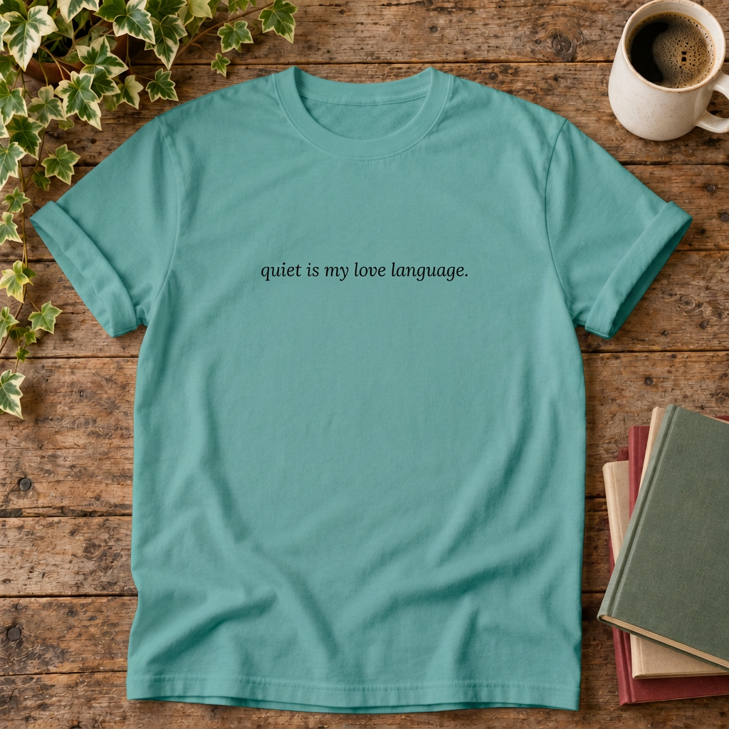 Seafoam quiet is my love language t-shirt, stylised wood flat lay