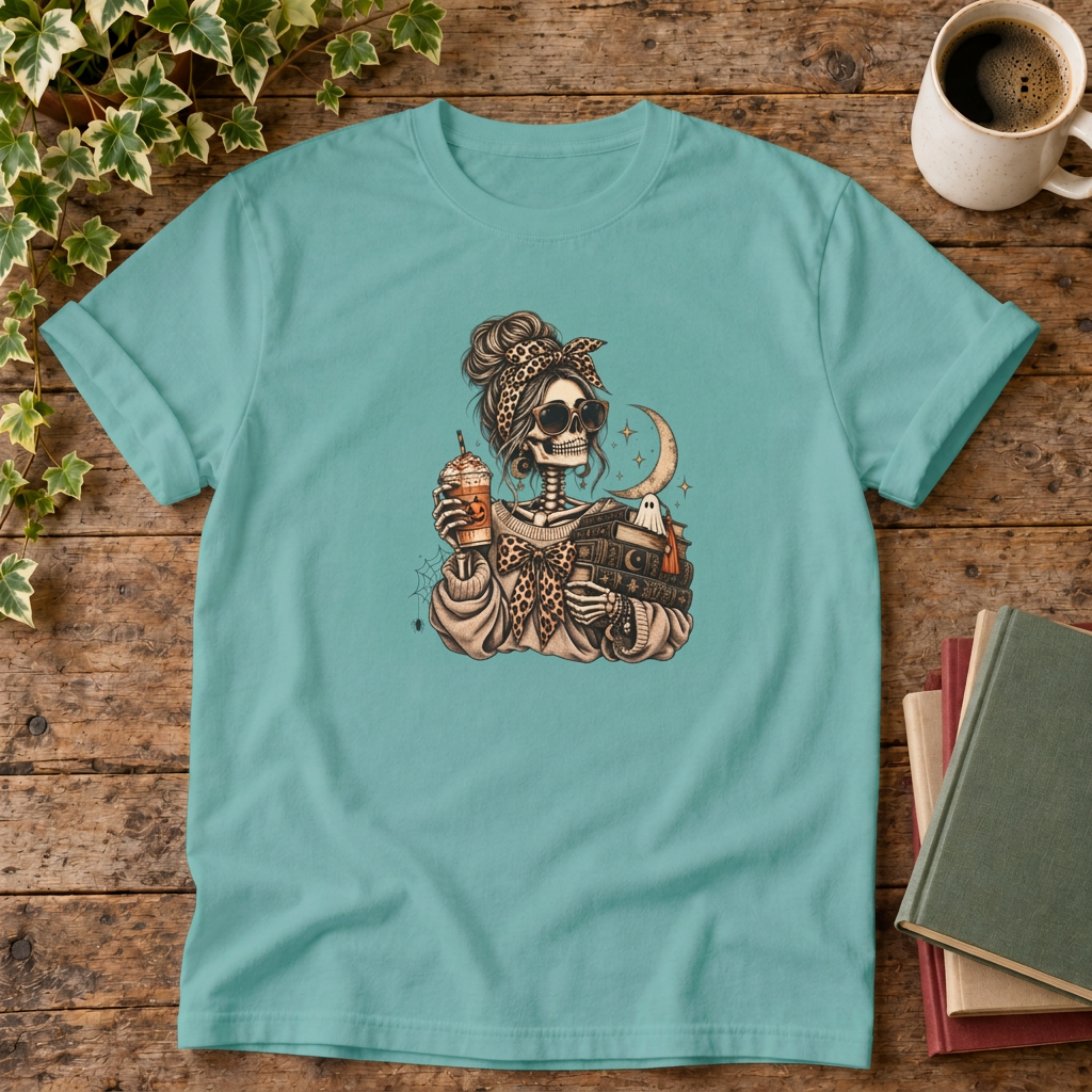 Mystical skeleton t-shirt in Seafoam, rustic wood flat lay