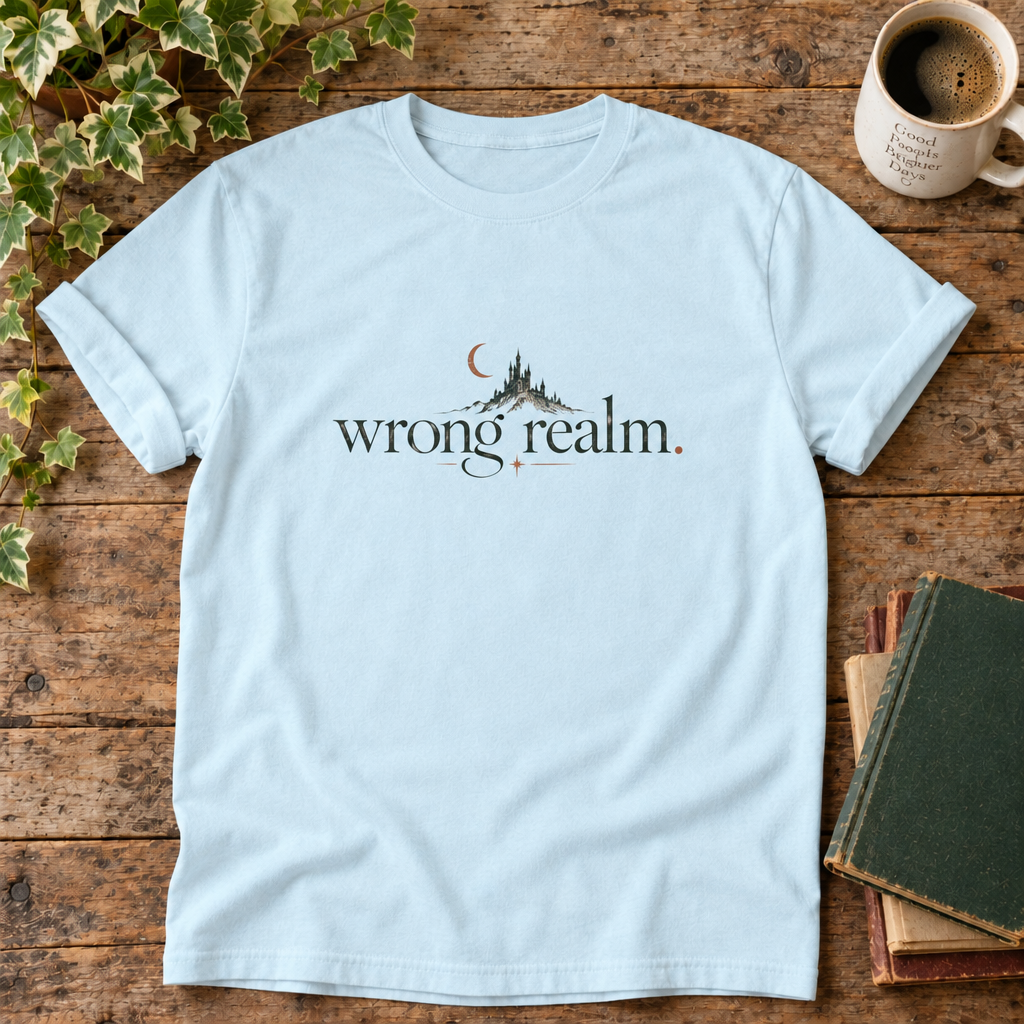 Wrong realm. Chambray t-shirt castle and crescent moon flat lay