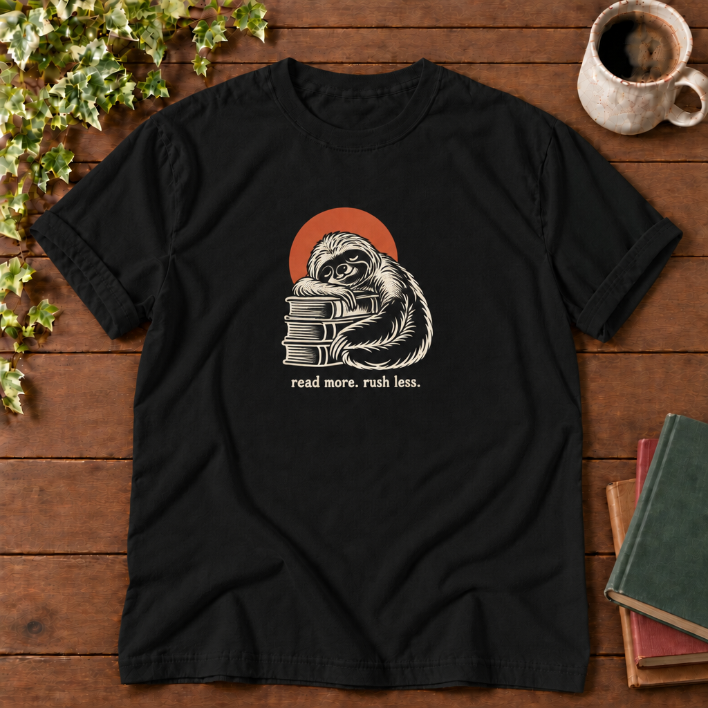 Read more rush less Black sloth flat lay, smooth wood and clean book stack