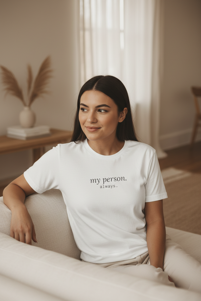 my person. always. — woman in white tee, lifestyle editorial