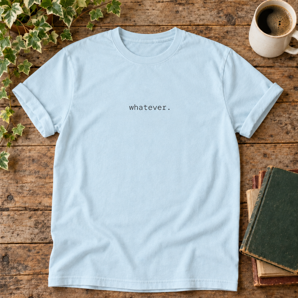 Whatever. Chambray t-shirt weathered-wood flat lay